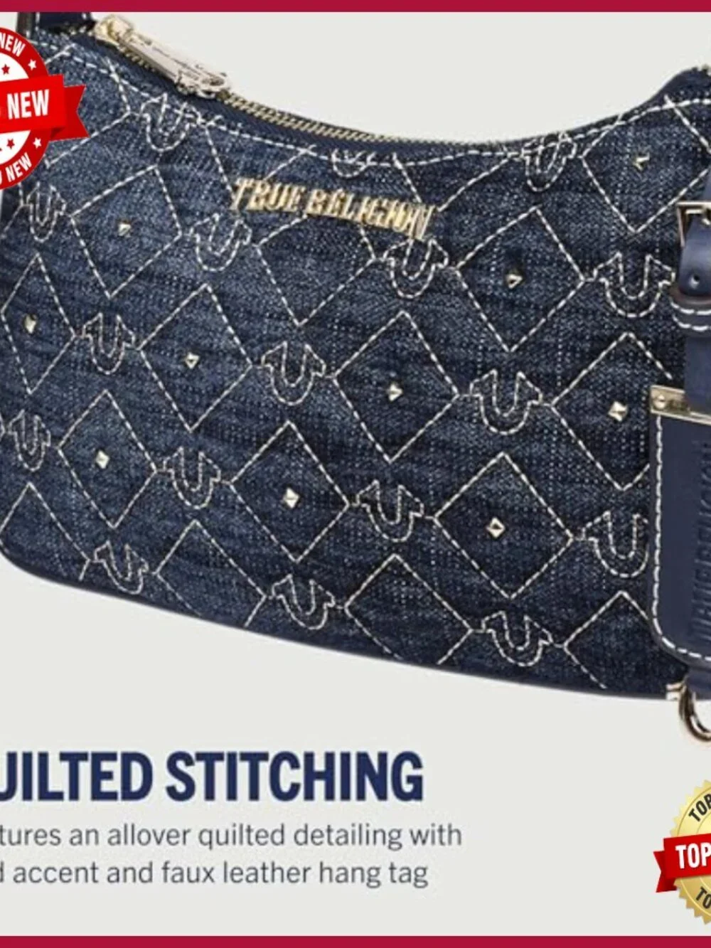 Studded Denim Shoulder Bag Quilted Horseshoe Pattern Gold Hardware